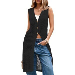 Women's Black Summer Crochet Sleeveless Knit Cardigan
